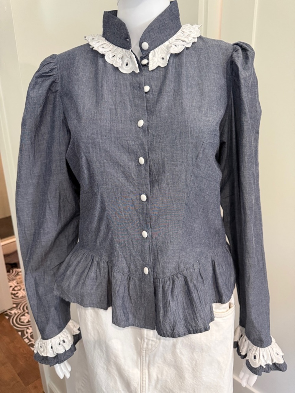 Batsheva Chambray Blue Peplum Blouse with White Lace Trim